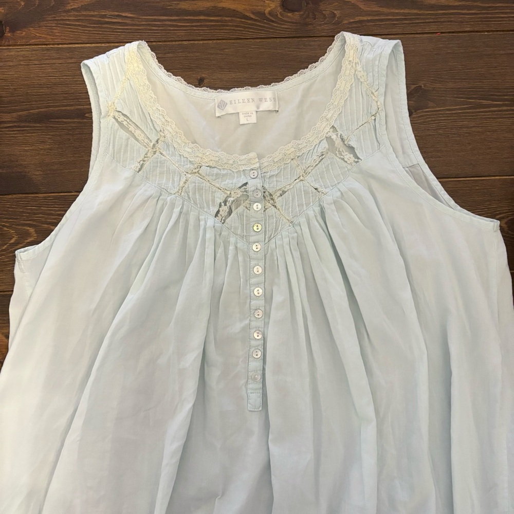 Eileen West Light Aqua Blue Long Cotton Nightgown Lace Trim Size Large, (+Flaw) - Picture 4 of 15
